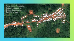 An image showing a satellite image of rural homes which then gets mapped by citizen scientists