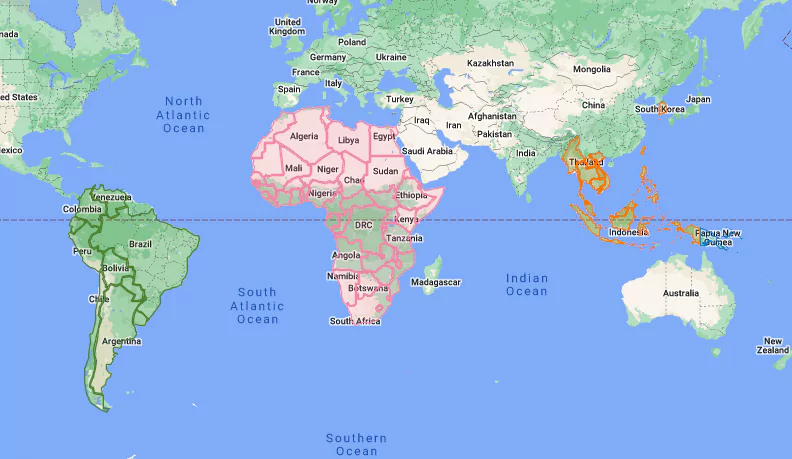 A world map with the countries covered by starter data kits shaded in.